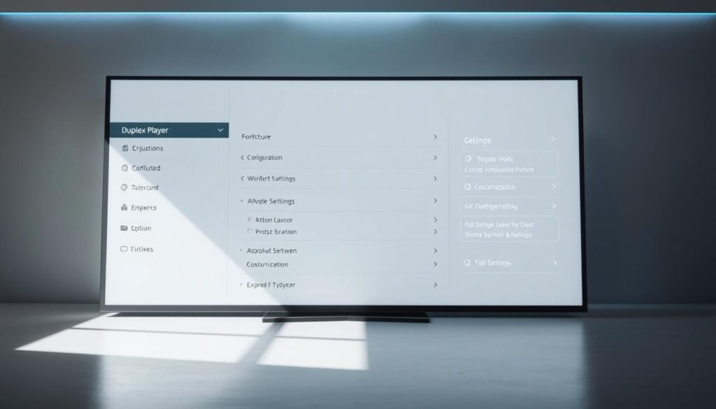 A modern, sleek and minimalist user interface displaying the "Duplex Player" application on a large NVIDIA Shield display. The screen shows various configuration settings and customization options, with a clean and intuitive layout. The overall scene has a bright, crisp and professional look, with soft indirect lighting creating depth and emphasizing the details. The camera angle is slightly elevated to provide a comprehensive view of the interface, allowing the viewer to clearly see the different menu sections and options available. The mood is one of clarity, control and technological sophistication, reflecting the capabilities of the NVIDIA Shield and the versatility of the Duplex Player software.