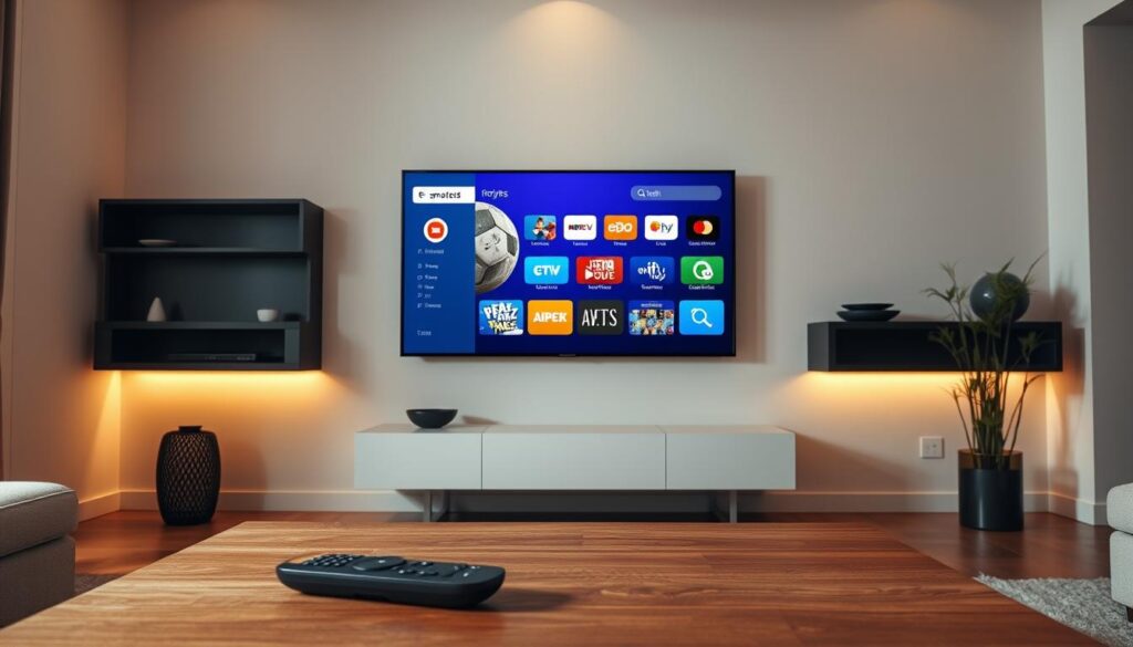 A modern, sleek living room with a large, flat-screen smart TV mounted on the wall. On the TV screen, the IPTV Smarters app is displayed, showcasing its intuitive and user-friendly interface. In the foreground, a remote control rests on a minimalist, wooden coffee table, hinting at the ease of navigation. The room is bathed in warm, indirect lighting, creating a cozy and inviting atmosphere. The walls feature simple, neutral-toned decor, keeping the focus on the central TV display and the task at hand. The overall scene conveys a sense of effortless technology integration into a comfortable, contemporary living space.