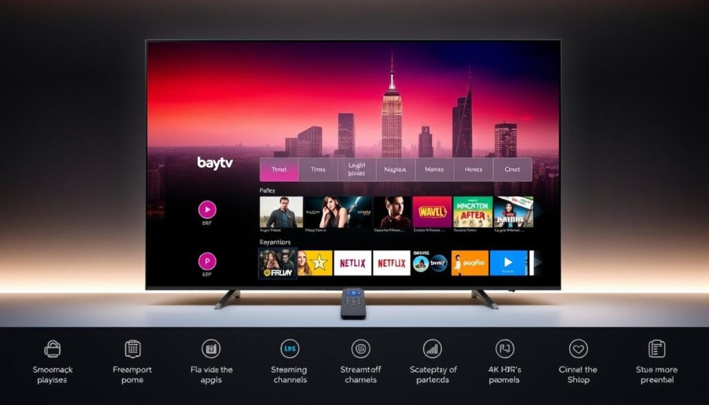 A modern, sleek media player interface showcasing the key features and benefits of the Baytv player. In the foreground, a large display panel highlights the device's smooth playback, vivid 4K HDR visuals, and intuitive remote control. The middle ground features a selection of popular streaming channels and apps, emphasizing the player's versatility. In the background, a subtle neon-tinged cityscape suggests the player's ability to deliver a cinematic, immersive entertainment experience in the comfort of the user's home. The overall mood is one of sophistication, technology, and entertainment.