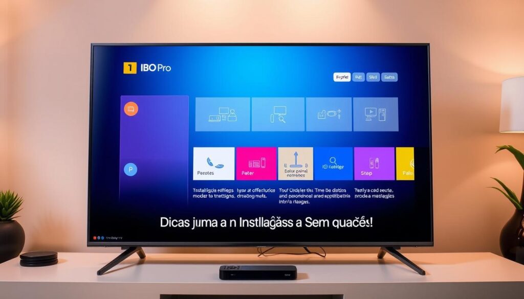 A modern, sleek smart TV display showcasing the installation process of the IBO Pro media player. In the foreground, a user-friendly interface with intuitive controls and an array of streaming options. Vibrant colors and a clean, minimalist design convey the seamless integration of the IBO Player. In the middle ground, a series of step-by-step instructions guiding the installation, emphasizing the simplicity of the process. The background features a warm, soft-lit environment, creating a sense of relaxation and ease during the setup. Subtle details, such as remote controls and cable management, demonstrate the attention to user experience. The overall composition suggests a hassle-free and efficient installation, aligning with the "Dicas para uma Instalação Sem Complicações" section title.