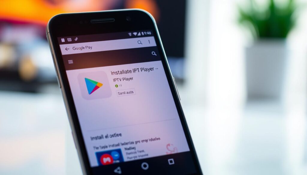 A modern smartphone screen displaying the Google Play Store interface, showcasing the installation options for the IPTV Player app. The screen is bathed in a warm, inviting light, with a minimalist, user-friendly design. The app's icon and name are prominently displayed, inviting the user to explore its features. The background is blurred, keeping the focus on the screen and the installation process. The overall composition conveys a sense of accessibility and ease of use, perfectly reflecting the "Opções de Instalação: Google Play e Recursos Alternativos" section of the article.