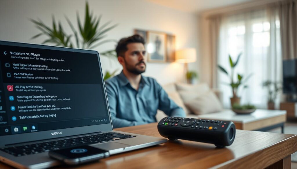 A modern, well-lit home office setting with a laptop, smartphone, and remote control on a wooden desk. The laptop screen displays the VU Player interface, with various troubleshooting options and error messages. The middle ground features a thoughtful expression on the face of a person sitting at the desk, pondering a solution. The background showcases a cozy, minimalist living room with plants and warm lighting, creating a calm, focused atmosphere for problem-solving.