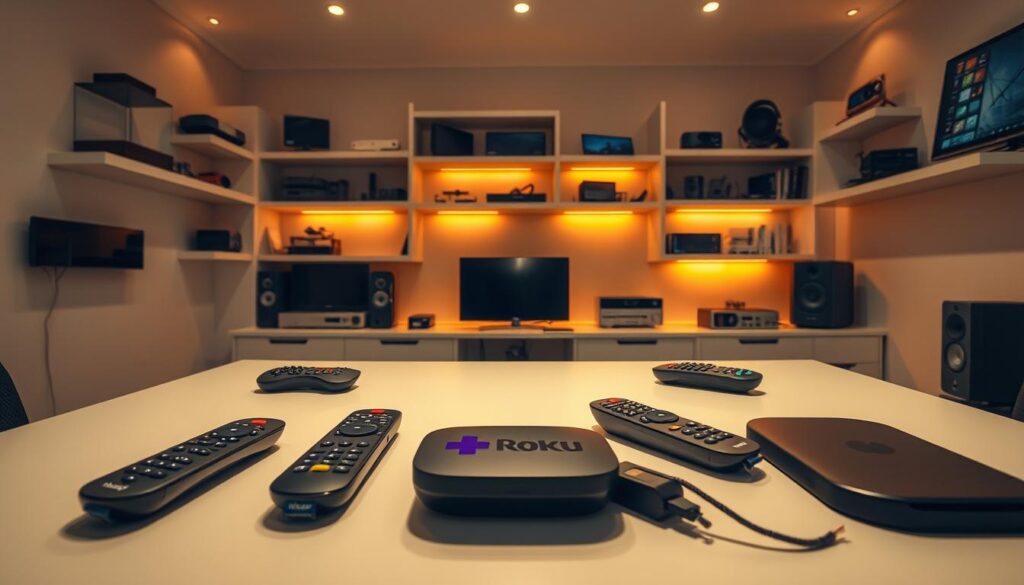 A modern, well-lit home office with a sleek, minimalist design. On the desk, a Roku streaming device and various remote controls are neatly arranged, suggesting different installation methods. The walls are adorned with shelves displaying various tech gadgets, creating a sense of a tech-savvy environment. Warm, directional lighting highlights the key elements, and the composition is balanced, drawing the viewer's eye to the central Roku device. The overall atmosphere is one of organized efficiency, reflecting the "Métodos de Instalação e Alternativas" section of the article.
