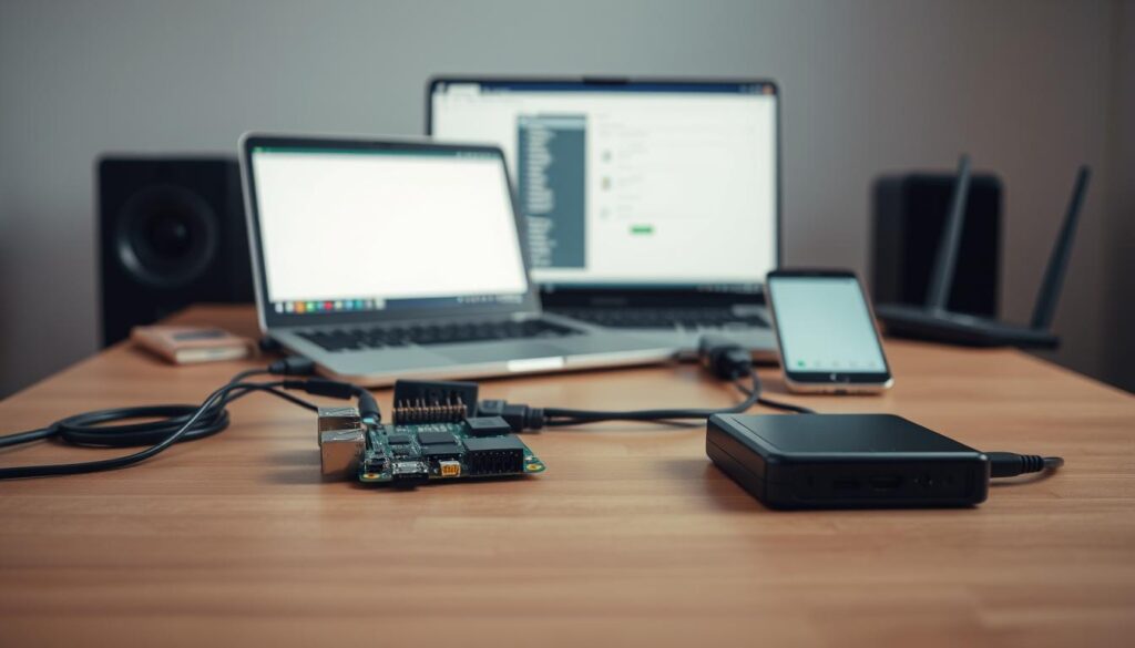 A neatly arranged still life depicting the hardware and software requirements for a streaming setup. In the foreground, a Raspberry Pi, external hard drive, and various cables are placed on a minimalist wood table. In the middle ground, a laptop displays a configuration screen, while a smartphone and router fill the background. The lighting is soft and diffuse, creating a serene, technical atmosphere. The overall composition conveys a sense of order and professionalism, appropriate for an instructional article.