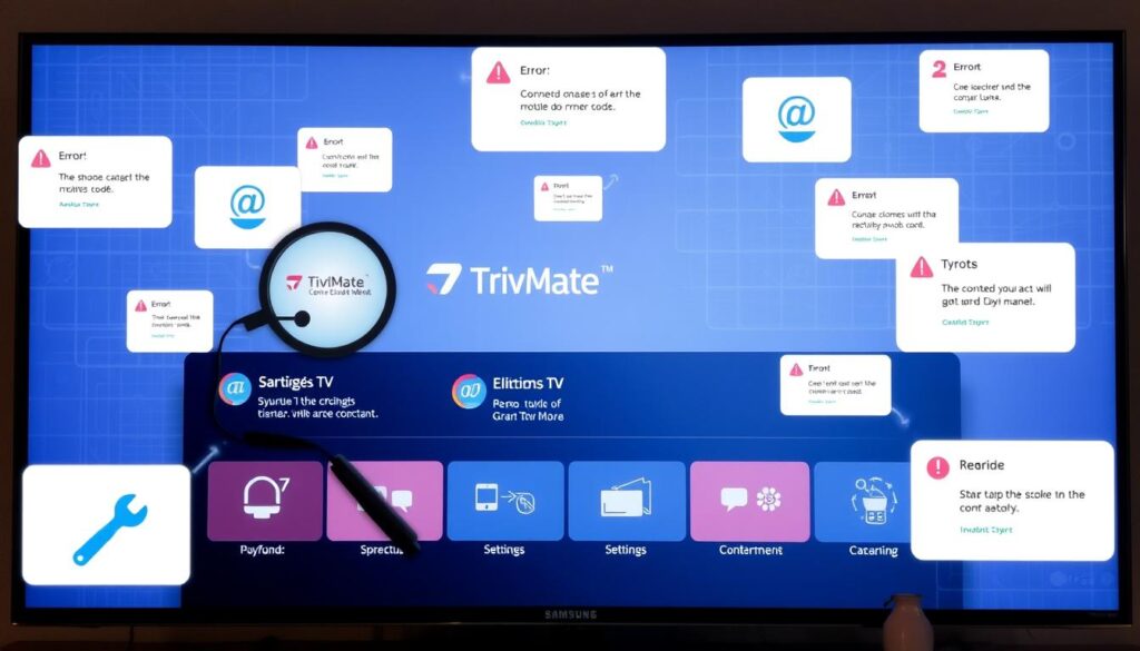 A neatly organized Samsung Smart TV screen displaying the TiviMate app, with various troubleshooting icons and error messages floating around it. The foreground features a magnifying glass and a wrench, symbolizing the process of diagnosing and resolving issues. The middle ground showcases various error codes, connection status indicators, and settings menus. The background has a subtle grid pattern, conveying a sense of technological structure. Soft blue and gray tones create a calming, yet focused atmosphere, suitable for a troubleshooting guide. The lighting is balanced, with a slight warm glow to enhance the on-screen details.