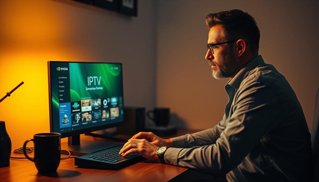 A resolute tech expert, sitting at a sleek desk, intently troubleshooting an NVIDIA Shield displaying the IPTV Smarters interface. The workspace is neatly organized, with cables meticulously arranged, and a cup of coffee nearby. Warm, focused lighting illuminates the scene, casting subtle shadows that add depth and dimension. The expression on the expert's face conveys a determined, problem-solving mindset as they navigate the intricate software, seeking to resolve any IPTV-related issues. The overall atmosphere exudes a sense of professionalism and technical mastery, perfectly capturing the essence of the "Resolução de Problemas Comuns" section.