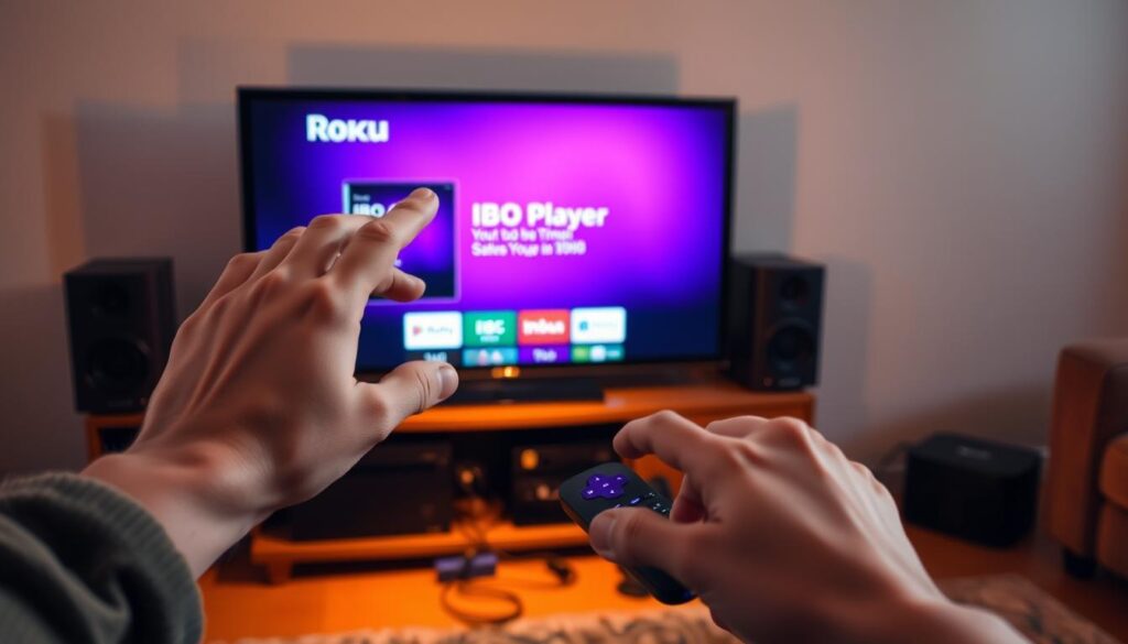 A room with a Roku device connected to a TV, the screen displaying the IBO Pro Player interface. In the foreground, a person's hands are gesturing towards the Roku, troubleshooting the interface. Warm lighting illuminates the scene, creating a cozy, problem-solving atmosphere. The middle ground features various electronic devices and cables, suggesting a home entertainment setup. The background has muted tones, keeping the focus on the Roku and the person's troubleshooting efforts. The image conveys the idea of resolving common issues with the IBO Pro Player on a Roku device.
