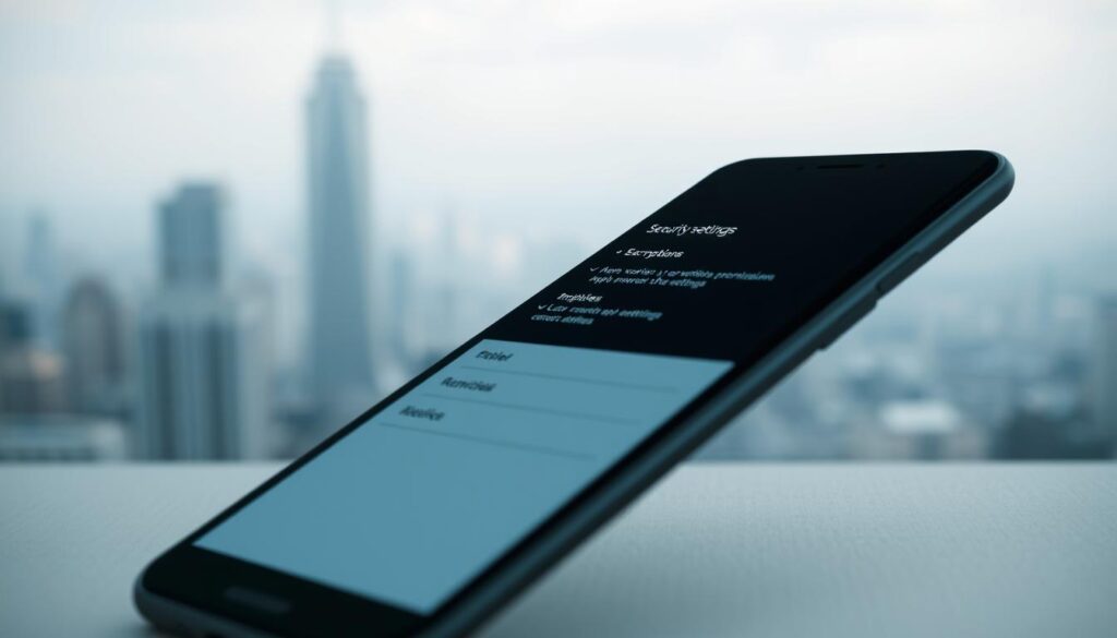 A serene and minimalist Android security settings interface, captured in a sleek and contemporary rendering. The foreground features a smartphone display with an elegant, uncluttered layout of security-related options such as data encryption, app permissions, and network settings. The middle ground showcases the phone itself, with a matte black or gray finish and clean, angular design. The background depicts a subtle, blurred landscape of modern cityscapes or natural environments, creating a sense of tranquility and focus. The lighting is soft and diffused, with subtle highlights accentuating the device's form and the on-screen elements. The overall tone is one of confidence, control, and thoughtful attention to detail, reflecting the importance of secure smartphone configuration.