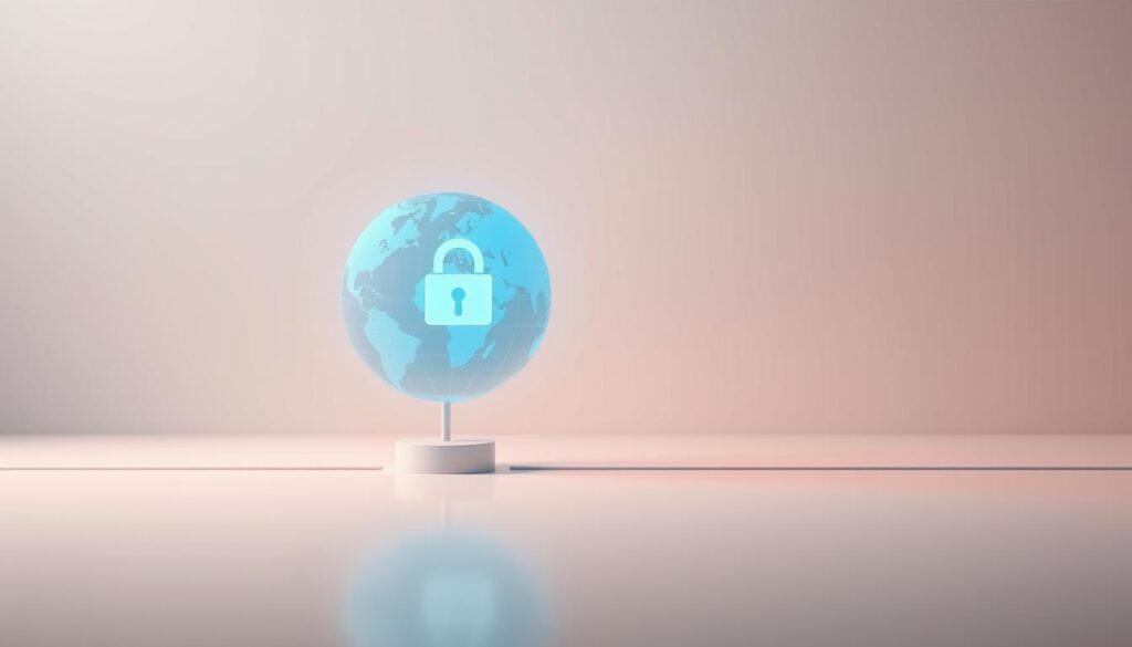 A serene and secure VPN connection, with a digital padlock icon and a globe symbolizing global reach, set against a minimalist backdrop of soft, muted tones. The focus is on the VPN's protective power, conveying a sense of privacy and online safety. Subtle lighting casts a warm, calming glow, while the overall composition is clean and uncluttered, allowing the VPN's core message to take center stage.