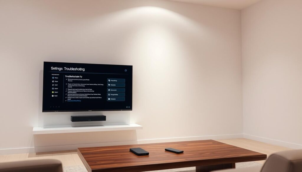 A serene indoor setting with a modern, minimalist aesthetic. In the foreground, a sleek, black smart TV mounted on a clean, white wall. The TV screen displays a troubleshooting interface, showcasing various technical solutions and options. In the middle ground, an elegant, wooden coffee table holds a remote control and a smartphone, suggesting the user's engagement with the TV's settings. Soft, diffused lighting from above illuminates the scene, creating a calming and focused atmosphere. The background features a simple, neutral-toned wall, allowing the TV and its interface to be the central focus of the image.