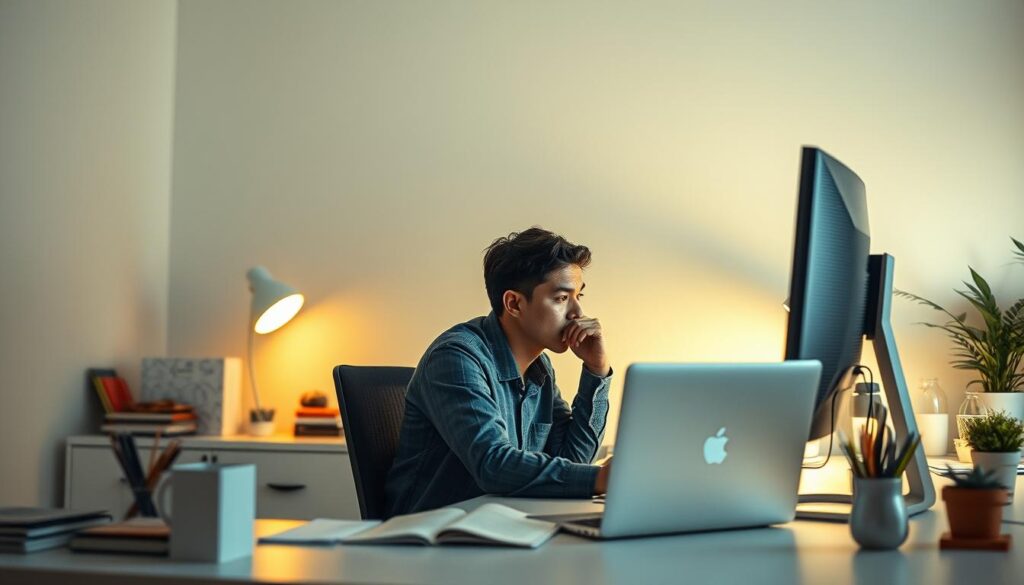 A serene office setting with a desktop computer, laptop, and various office supplies, all arranged in a visually appealing and organized manner. Soft, warm lighting illuminates the scene, creating a calming atmosphere. In the foreground, a person is seated at the desk, intently focusing on the computer screen, their expression one of deep concentration as they troubleshoot and resolve a technical issue. The background features a clean, minimal wall, allowing the subject to take center stage. The overall composition conveys a sense of productivity, problem-solving, and a streamlined workflow.