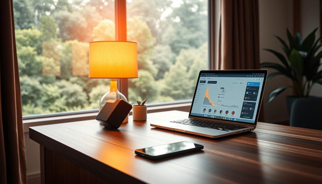 A serene, well-lit home office setting with a modern laptop, tablet, and smartphone on a sleek wooden desk. In the background, a large window overlooking a lush, verdant landscape, conveying a sense of privacy and security. The desk lamp casts a warm, ambient glow, creating a cozy and focused atmosphere. On the laptop screen, a VPN dashboard is displayed, emphasizing the importance of online privacy and safety. The overall scene suggests the seamless integration of technology and the user's desire for a secure, productive, and distraction-free work environment.