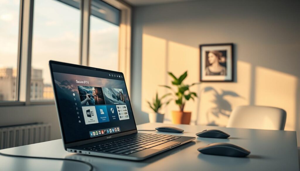 A serene, well-lit interior with a modern, minimalist desk setup. In the foreground, a laptop displaying a secure IPTV interface, its screen casting a soft glow. Sleek, high-end peripherals like a wireless keyboard and mouse complement the clean aesthetic. In the middle ground, a potted plant and a framed artwork add natural, calming elements. The background features a large window overlooking a cityscape, filtering in warm, ambient light. The overall mood is one of professionalism, privacy, and technological sophistication.
