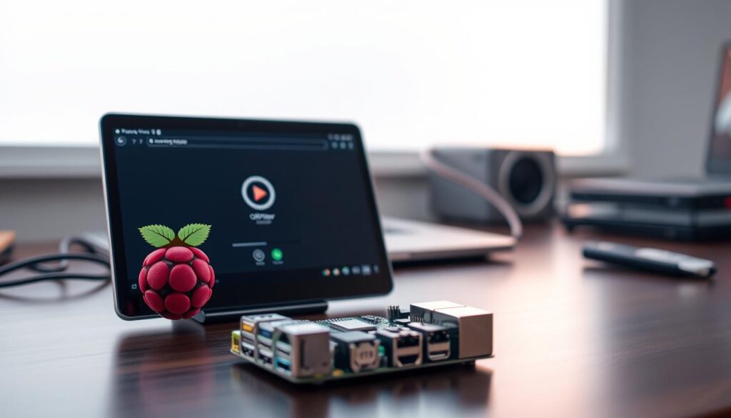 A sleek Raspberry Pi device sitting on a desk, displaying the OttPlayer software interface. The Raspberry Pi is positioned in the foreground, its compact and modern design highlighted by warm, directional lighting. The OttPlayer interface occupies the center of the frame, showcasing its intuitive layout and media playback controls. The background features a minimalist, office-like setting, with a blurred laptop or monitor providing a sense of context. The overall scene conveys a sense of professionalism and technological refinement, perfectly suited for illustrating the step-by-step guide on how to install OttPlayer on a Raspberry Pi.