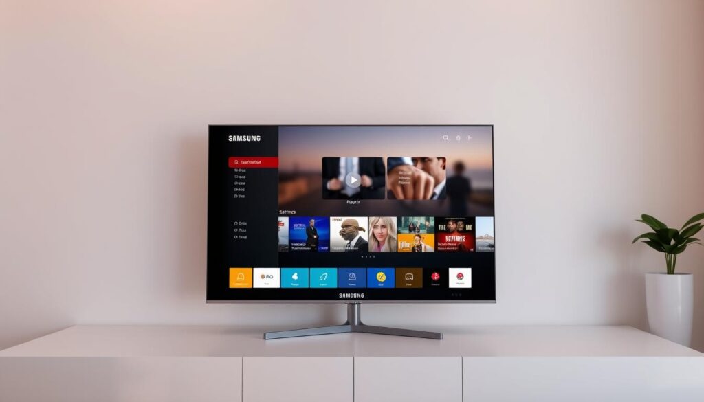 A sleek Samsung Smart TV screen showcases a beautifully customized Flix IPTV interface. In the foreground, various control panels and settings menus allow for precise configuration of the user experience, with colorful icons and intuitive layouts. The middle ground features a central entertainment hub, displaying a range of content options and personalization tools. In the background, a subtle blur effect highlights the high-definition quality of the video streaming, creating a sense of immersion and technological sophistication. Soft, ambient lighting and a minimalist, modern aesthetic convey a sense of elegant simplicity and user-centric design.