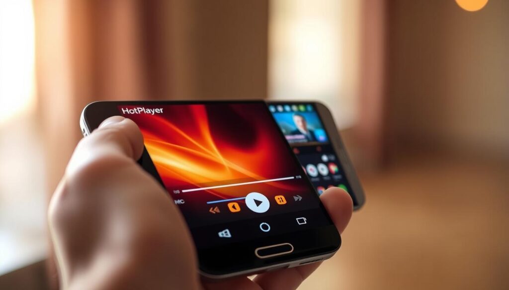 A sleek and modern Android smartphone display showing the crisp user interface of the HotPlayer media application. The screen is well-lit with a warm, inviting glow, showcasing the app's intuitive controls and playback interface. The device is held in a hand, positioned at a slight angle to highlight the smartphone's elegant design and the HotPlayer app's seamless integration. The background is blurred, keeping the focus on the smartphone and the HotPlayer app experience. The overall mood conveys the ease and convenience of installing and using HotPlayer on an Android device.