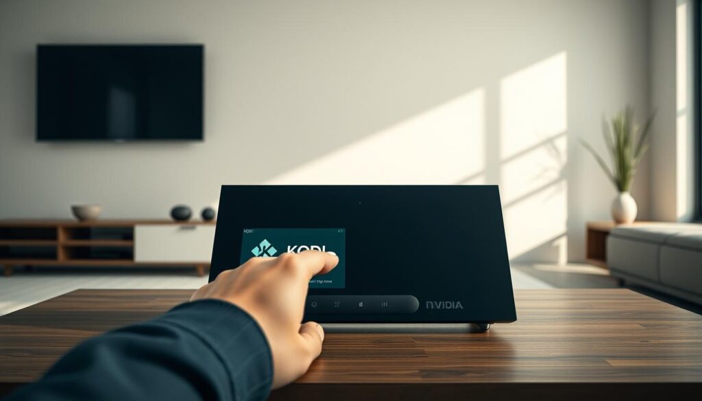 A sleek and modern Nvidia Shield device sits prominently in the center of the frame, its matte black surface gleaming under soft, directional lighting. In the foreground, a hand skillfully navigates the Shield's user interface, highlighting the Kodi app icon. The background showcases a minimalist living room setting, with clean lines and neutral tones that complement the device's aesthetic. The overall mood is one of simplicity, efficiency, and technological integration, conveying the ease of installing and using Kodi on the Nvidia Shield.
