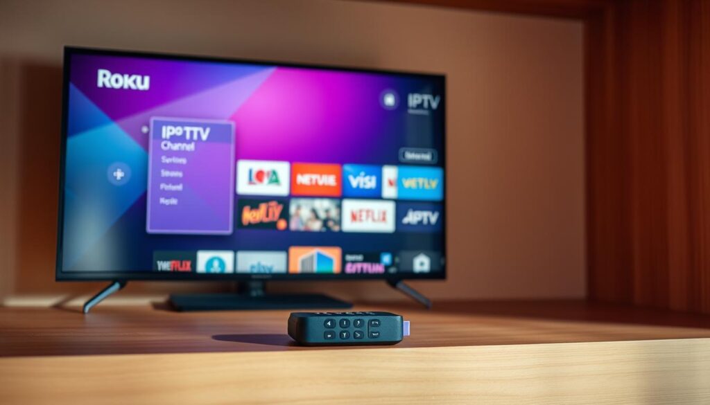 A sleek and modern Roku device sits on a minimalist wooden shelf, its interface displaying the IPTV channel store in vibrant colors. The scene is bathed in warm, diffused lighting, creating a cozy and inviting atmosphere. The Roku's interface is crisp and clean, showcasing various IPTV channels and services available for installation. The overall composition emphasizes the seamless integration of the Roku device with the IPTV ecosystem, hinting at the ease of setup and the wealth of content awaiting the user.