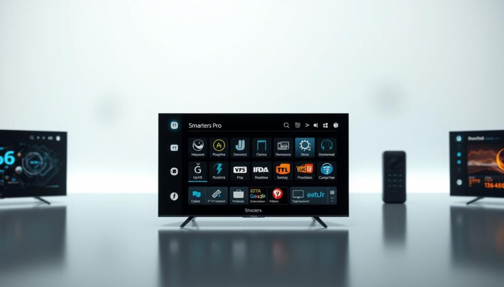 A sleek and modern comparison of IPTV players, showcasing the Smarters Pro interface in the foreground with a clean, minimalist design. The middle ground features the various features and capabilities of the players, highlighted by subtle iconography and elegant typography. The background subtly blends technology-inspired elements, such as circuit board patterns and digital data visualizations, to convey the advanced nature of these media players. The lighting is soft and diffused, creating a professional and authoritative atmosphere, highlighting the attention to detail and user experience. The overall composition strikes a balance between informative and visually appealing, ensuring the image effectively supports the article's "Comparação entre IPTV Extreme e Outros Players" section.