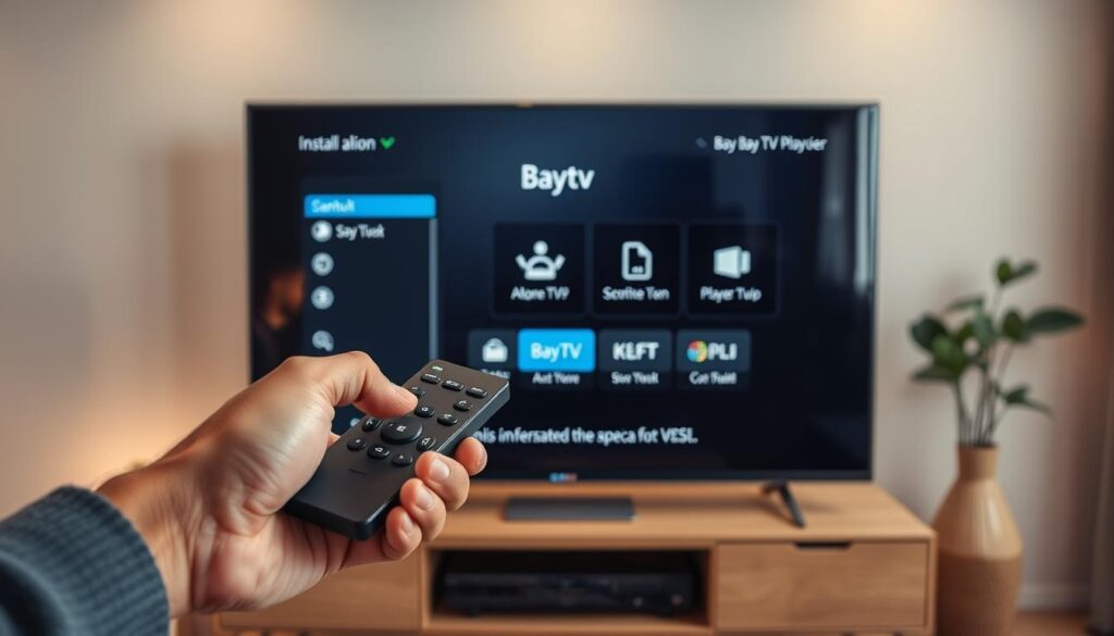 A sleek and modern smart TV display showing the installation process of the Baytv media player. In the foreground, a hand holding a TV remote interacts with the on-screen menus, guiding the user through the setup steps. The TV screen displays clear and intuitive UI, with icons and instructions for navigating the Baytv player interface. The middle ground features the smart TV device itself, with a minimalist and premium design that complements the living room decor. The background showcases a cozy and well-lit living room setting, with warm lighting and subtle, natural textures to create a welcoming atmosphere. The overall scene conveys a sense of ease and simplicity in setting up the Baytv player on a smart TV.