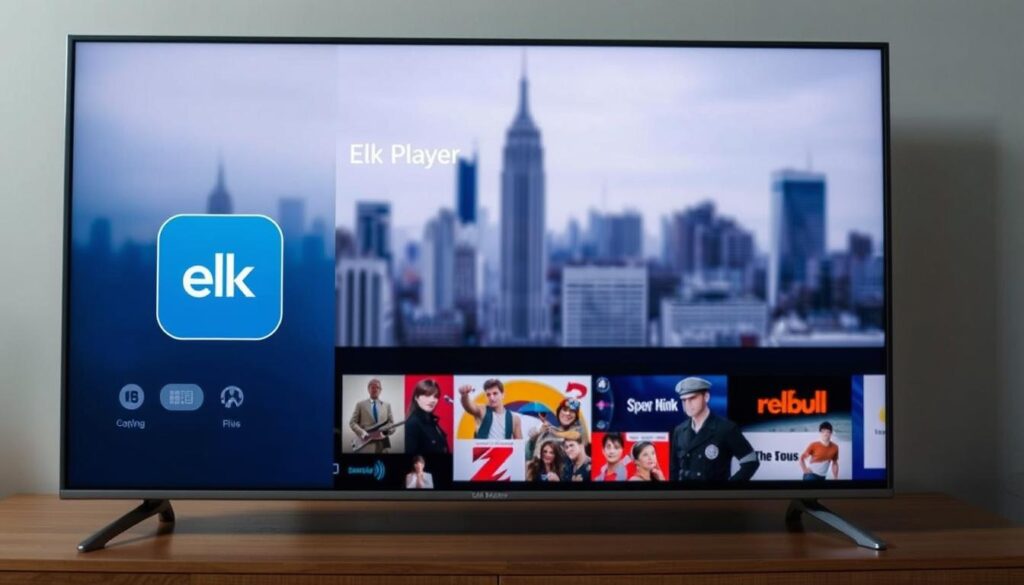 A sleek and modern smart TV screen displaying the Elk Player interface. The foreground shows the Elk Player app logo and navigation menu, with crisp icons and a clean, minimalist design. The middle ground features a selection of popular movie and TV show thumbnails, highlighting Elk Player's content library. In the background, a subtle gradient or blurred cityscape creates a sense of place and atmosphere. Soft, diffused lighting illuminates the scene, giving it a professional, high-quality appearance. The overall composition conveys the ease of configuration and activation of the Elk Player app on a smart TV.