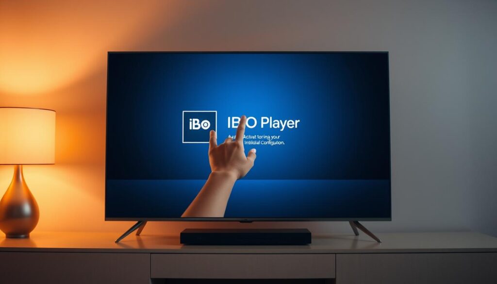 A sleek and modern smart TV screen displays the IBO Player interface in the foreground, showcasing its clean and intuitive design. The middle ground features a hand gently touching the screen, signaling the activation and initial configuration process. The background subtly blends warm lighting and minimal geometric shapes, creating a sense of technological sophistication. The overall scene conveys a seamless integration of the IBO Player with the smart TV, ready to provide a captivating multimedia experience.