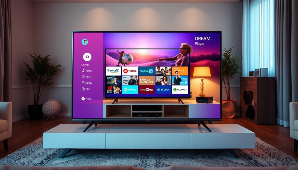 A sleek and modern smart TV setup, centered on the Dream Player interface. In the foreground, the TV screen displays the Dream Player menu, showcasing its intuitive layout and vibrant color scheme. The TV itself is a high-end model, with a slim bezel and a premium finish. In the middle ground, a minimalist entertainment unit holds the smart TV, with clean lines and a neutral tone that complements the surrounding decor. The background features a contemporary living room setting, with warm lighting, natural textures, and subtle accents that create a cozy, inviting atmosphere. The overall scene conveys a sense of effortless technology integration and a seamless user experience.