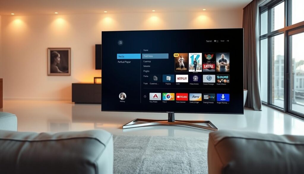 A sleek black Samsung Smart TV stands prominently in a modern living room, illuminated by warm, ambient lighting. On the TV screen, the Perfect Player interface is clearly visible, its intuitive menu and media controls beckoning the viewer to explore its features. The room's minimalist decor and large windows create a sense of openness and sophistication, setting the stage for an effortless smart TV experience. The composition focuses on the TV, with the surroundings subtly framing it, emphasizing the simplicity and elegance of the installation process.