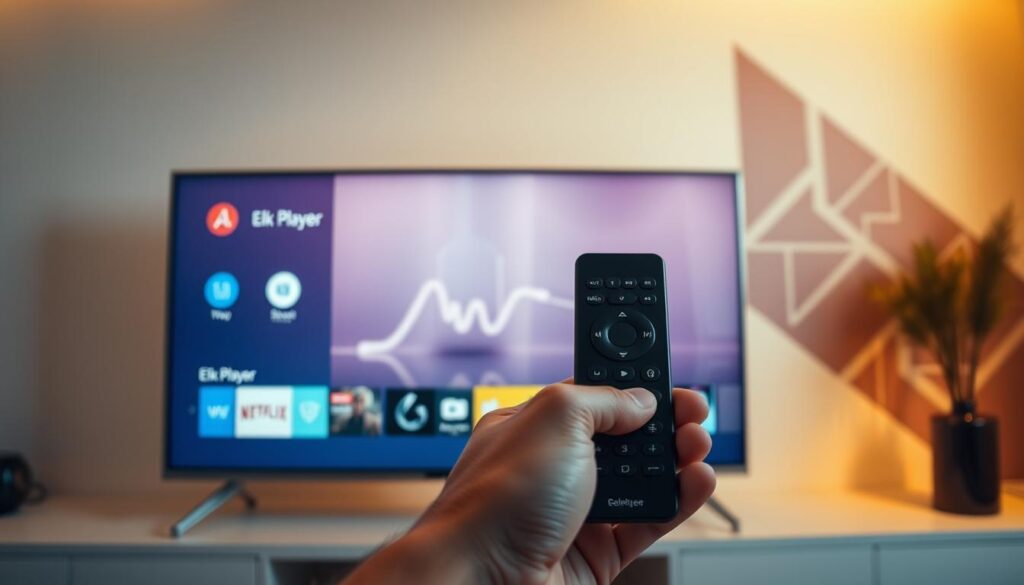 A sleek, contemporary smart TV display showcasing the Elk Player interface. The screen appears in the foreground, its UI elements crisp and vibrant against a clean, minimalist backdrop. The TV's slim, metallic frame is visible, casting subtle reflections. In the middle ground, a hand holds a modern, streamlined remote, highlighting the intuitive controls for navigating the Elk Player experience. The background features a stylized, geometric pattern suggestive of a living room or entertainment space, conveying a sense of sophistication and technological integration. Warm, indirect lighting illuminates the scene, creating a inviting, user-friendly atmosphere.