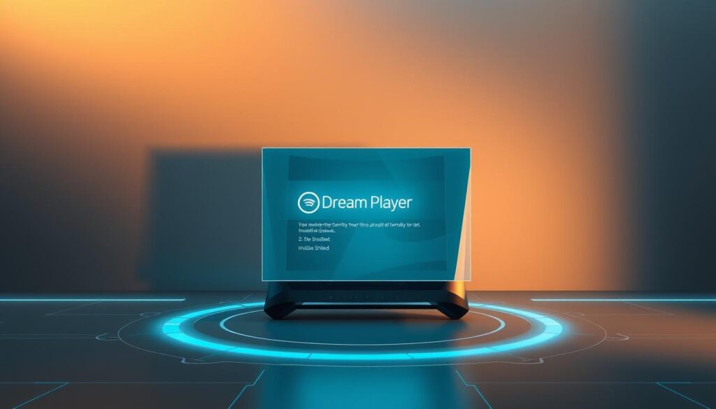 A sleek, futuristic android setup wizard interface, with a clean and minimalist design. The foreground features a holographic display showing the Dream Player logo and installation steps, surrounded by a soft blue glow. The middle ground showcases an Nvidia Shield device, seamlessly integrated into the scene. The background has a subtle, tech-inspired pattern in shades of gray, creating a sense of depth and sophistication. The lighting is warm and directional, casting subtle shadows and highlights to accentuate the futuristic aesthetic. The overall mood is one of anticipation and innovation, setting the stage for a smooth and user-friendly Dream Player installation process on the Nvidia Shield.