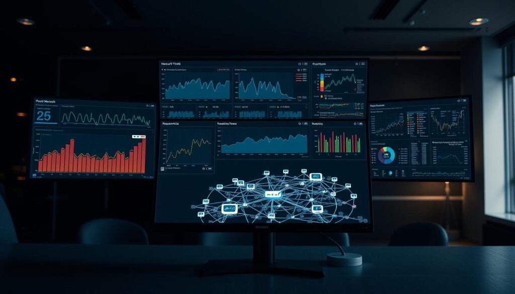 A sleek, minimalist network monitoring dashboard displayed on multiple high-resolution monitors. The foreground features a clean, intuitive interface with real-time graphs, charts, and analytics tracking network traffic, bandwidth utilization, and device connectivity. The middle ground showcases a topographical map of the network infrastructure, with color-coded nodes representing routers, switches, and access points. The background depicts a dimly lit, modern office setting with subtle ambient lighting, creating a professional, technocratic atmosphere. The overall impression is one of comprehensive, data-driven oversight and control over a complex, interconnected computer network.