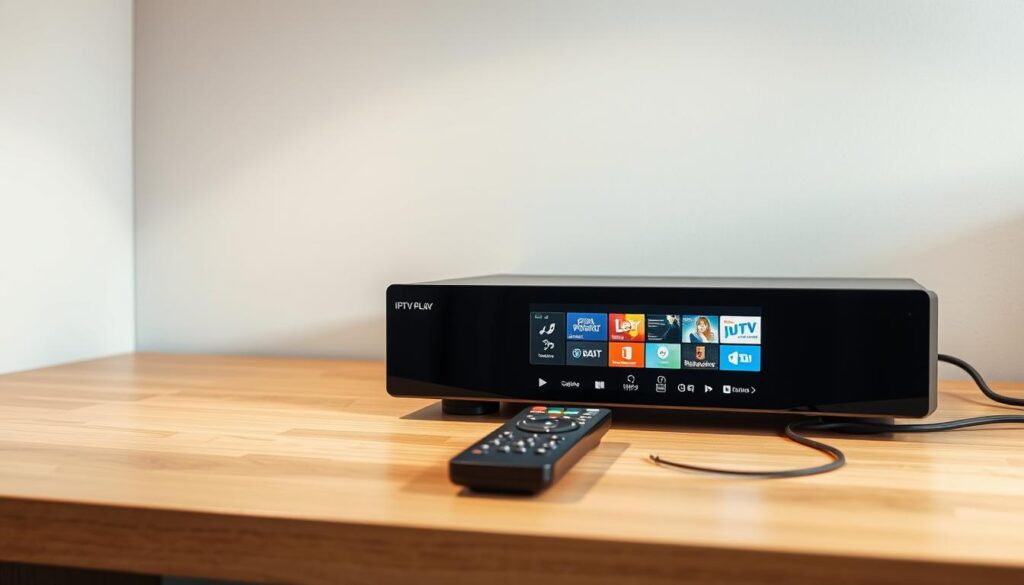 A sleek, modern IPTV player setup on a minimalist wooden desk, illuminated by soft, even lighting. The player device sits prominently in the foreground, its clean, angular design complemented by a high-resolution display showcasing the IPTV interface. In the middle ground, a wireless remote control and cable connections are neatly arranged, suggesting an intuitive and user-friendly configuration process. The background features a plain, neutral-toned wall, allowing the technology to take center stage. The overall scene conveys a sense of professionalism, efficiency, and the seamless integration of IPTV technology into a home or office environment.