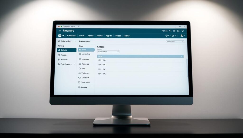 A sleek, modern computer screen displays the IPTV Smarters interface, showcasing a neatly organized subscription management section. The screen is set against a minimalist, monochromatic backdrop, highlighting the software's clean and intuitive design. Soft, indirect lighting illuminates the scene, creating a sense of professional sophistication. The composition emphasizes the simplicity and user-friendliness of the subscription configuration process, reflecting the article's focus on seamless IPTV integration with the NVIDIA Shield.