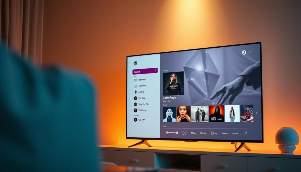 A sleek, modern configuration of the ELK media player interface, showcasing a curated playlist on a smart TV screen. The interface features a clean, minimalist design with intuitive controls and a visually appealing layout. The playlist is prominently displayed, with album artwork and track information presented in a visually striking manner. The scene is illuminated by soft, warm lighting, creating a cozy and inviting atmosphere. The overall composition emphasizes the seamless integration of technology and entertainment, reflecting the personalized and customizable nature of the ELK player experience.