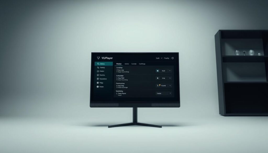 A sleek, modern configuration of the VU Player interface on the NVIDIA Shield. The screen displays the VU Player's clean, intuitive controls and settings, showcased in a well-lit, studio-style environment with soft, even lighting and a minimal, gray-toned background. The interface elements are sharp, detailed, and responsive, conveying the smooth, efficient performance of the VU Player on the NVIDIA Shield. The overall scene evokes a sense of professionalism, technological sophistication, and the seamless integration of the VU Player into the NVIDIA Shield's ecosystem.