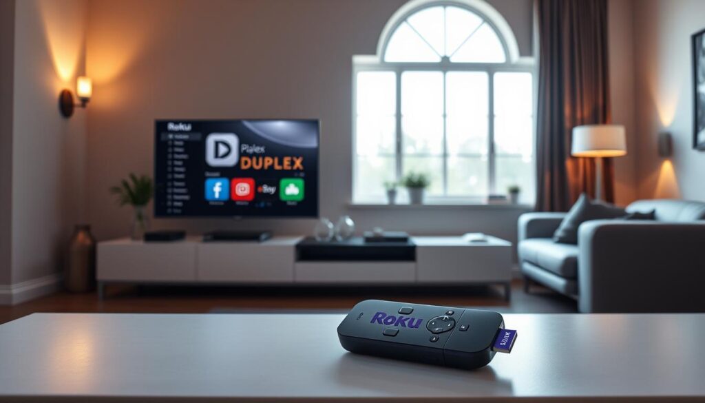 A sleek, modern living room setup with a Roku streaming device prominently displayed on a minimalist media console. The Roku interface is visible on the TV screen, showcasing the Duplex Player app icon. Indirect lighting from wall sconces and a large window casts a warm, inviting glow throughout the scene. The room features clean, contemporary furnishings and decor, creating a relaxed, technology-driven ambiance. The overall composition highlights the seamless integration of the Roku device and the Duplex Player app, inviting the viewer to imagine the effortless installation process.