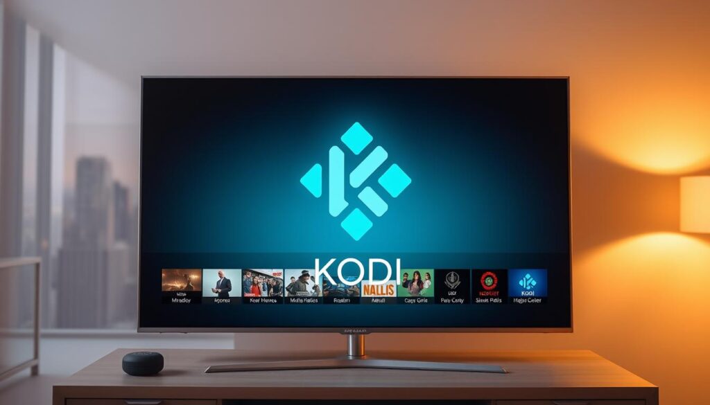 A sleek, modern media center interface with the Kodi logo prominently displayed, showcasing its integration with various media sources and functionalities. The screen is bathed in a warm, inviting glow, with clean lines and a minimalist design. In the foreground, various media icons and controls are neatly arranged, suggesting seamless navigation and customization. In the background, a blurred cityscape or home environment provides a sense of context, hinting at Kodi's versatility in a variety of settings. The overall composition conveys the power and flexibility of the Kodi media center, ready to enhance the user's entertainment experience.