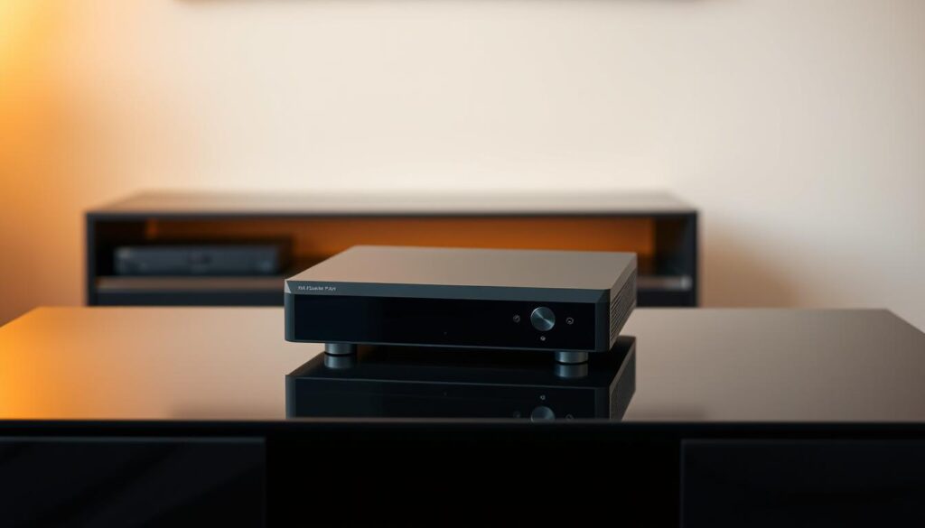 A sleek, modern media player with a clean, minimalist design sits prominently on a glossy black entertainment stand. The player features a crisp, high-resolution display and intuitive touch controls. Warm, indirect lighting from behind creates a cozy, inviting atmosphere, while the overall composition showcases the player's premium, high-tech appearance. The scene is captured from a slightly elevated, frontal angle, emphasizing the player's streamlined profile and making it the clear focal point. The background is a neutral, muted tone, allowing the media player to take center stage and convey a sense of sophistication and technical prowess.