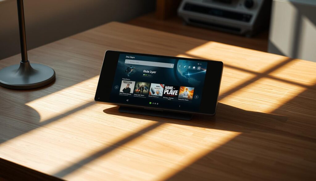 A sleek, modern nvidia shield device resting on a minimalist wooden desk, surrounded by a clean, well-lit installation environment. The shield's user interface is prominently displayed, showcasing the Duplex Player app in a visually striking, intuitive layout. Soft, natural lighting casts warm shadows, creating a calm, inviting atmosphere perfect for a seamless media setup. The overall scene conveys a sense of technological sophistication and user-friendly design, reflecting the section's focus on effectively installing Duplex Player on the nvidia shield.