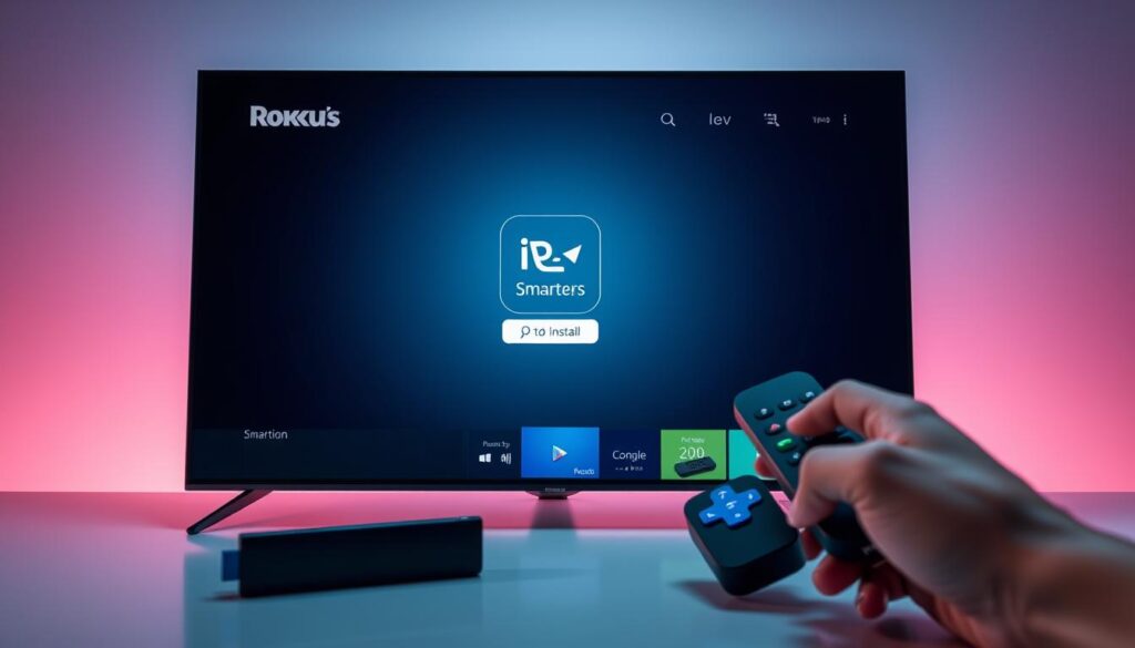 A sleek, modern setup showcasing the installation of the IPTV Smarters Pro app on a Roku streaming device. The foreground features the Roku interface with the app icon prominently displayed, surrounded by a clean, minimalist design. The middle ground shows the Roku remote and a hand operating the device, conveying the ease of the installation process. The background depicts a stylized, gradient-filled environment, adding depth and a sense of technological sophistication. Soft, balanced lighting illuminates the scene, creating an inviting and polished atmosphere. The overall composition emphasizes the seamless integration of the IPTV Smarters Pro app with the Roku platform.