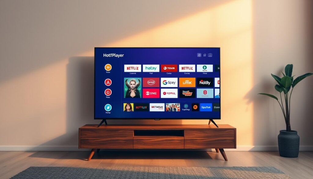 A sleek, modern smart TV displaying the HotPlayer IPTV interface. The screen showcases a clean, intuitive user interface with a grid of colorful channel icons. The TV is situated on a minimalist wooden entertainment stand, bathed in warm, soft lighting that creates a cozy, inviting atmosphere. The composition emphasizes the simplicity and elegance of the HotPlayer installation, capturing the seamless integration of the IPTV service with the smart TV platform. The overall scene conveys a sense of ease and user-friendliness, reflecting the step-by-step guide for installing HotPlayer on a smart TV.