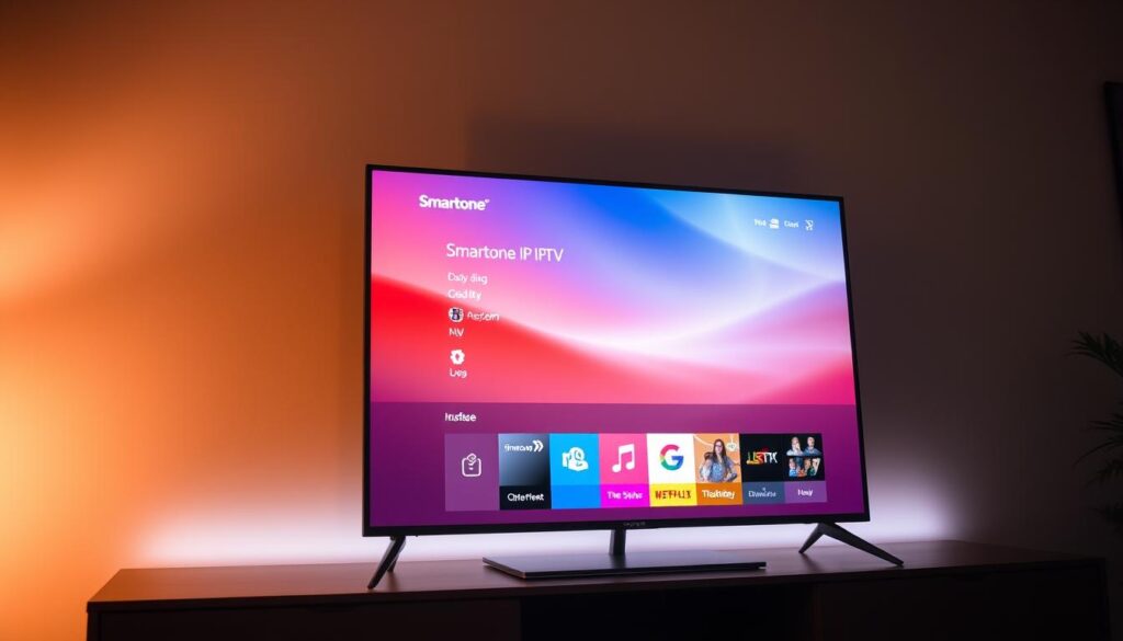 A sleek, modern smart TV displaying the Smartone IPTV interface. The screen shows a vibrant, high-definition image with a clean, minimalist design. The TV is positioned on a contemporary media console, surrounded by subtle ambient lighting that creates a warm, inviting atmosphere. The camera angle captures the TV at a slight angle, highlighting its thin profile and premium build quality. The scene exudes a sense of effortless technology integration, reflecting the ease of installing and using the Smartone IPTV system on a smart TV.