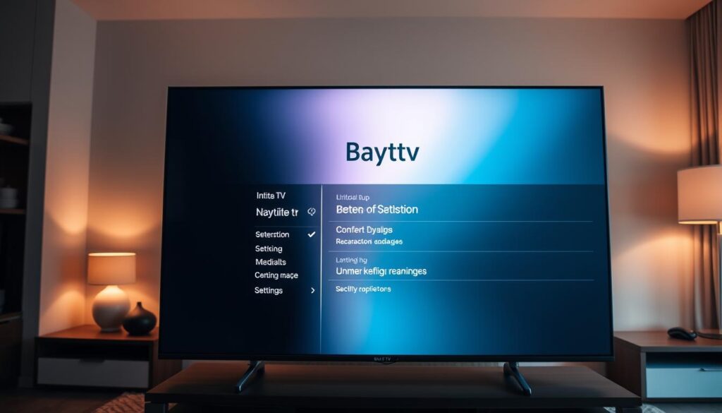 A sleek, modern smart TV interface showcasing the initial setup screen for the Baytv application. The foreground features a clean, minimalist design with a central title "Baytv" displayed prominently. The middle ground includes an array of configuration options and settings, all neatly organized and easily accessible. The background subtly depicts a living room environment, with warm lighting and a sense of domestic comfort. The overall atmosphere conveys a seamless, user-friendly experience for setting up and activating the Baytv app on a smart TV. The scene is captured with a high-resolution, wide-angle lens to provide a comprehensive view of the interface.