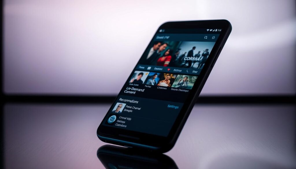 A sleek, modern smartphone screen displaying the Smartone IPTV user interface. The foreground features the app's main menu with clearly labeled sections for live TV, on-demand content, and settings. The middle ground showcases a selection of popular channels and recommendations, while the background depicts a subtle, minimalist wallpaper with a soft, ambient lighting that creates a sophisticated, premium atmosphere. The overall composition conveys a sense of intuitive user experience and high-quality entertainment within a polished, technology-driven interface.