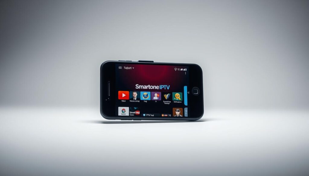 A smartphone displaying the Smartone IPTV interface, showcased in a clean, minimalist setting. The screen is centered, with a focus on the app's UI and branding elements. The device is angled slightly, capturing the interface in a natural, user-centric perspective. Soft, diffused lighting illuminates the scene, creating a calming, professional atmosphere. The background is a simple, uncluttered studio setup, allowing the smartphone to be the central point of attention. The overall composition emphasizes the ease and accessibility of installing and using the Smartone IPTV app on an Android smartphone.