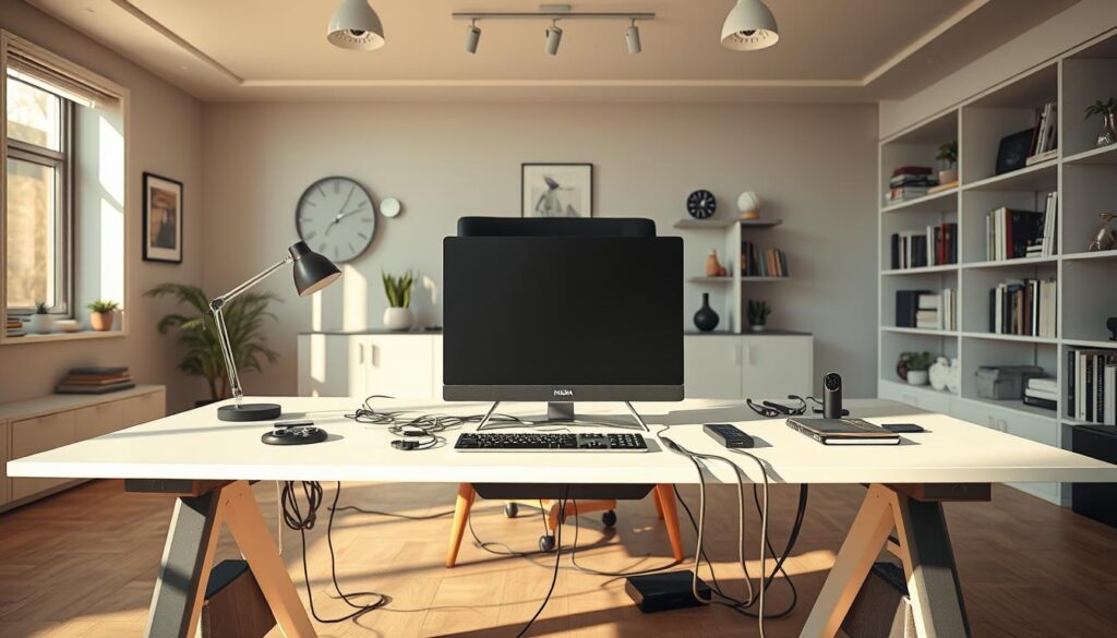 A spacious, well-lit home office interior with a Nvidia Shield TV device sitting prominently on a modern, minimalist desk. The desk is adorned with various cables, remote controls, and other smart home accessories, creating a sense of technical complexity. The background features soothing, neutral-toned walls and shelves filled with books and decor, conveying a professional yet cozy atmosphere. Soft, diffused lighting from overhead fixtures and natural light streaming through windows casts a warm glow over the scene. The overall mood is one of thoughtful problem-solving, with the Nvidia Shield TV at the center of the composition, suggesting it as the focus of the "Solução de Problemas Comuns na Instalação" section.