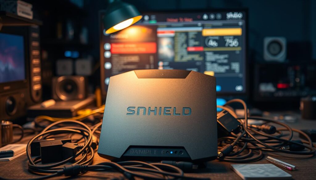 A technician's workspace with a Nvidia Shield TV prominently displayed, surrounded by various cables, adapters, and tools. The Shield is the focal point, highlighted by warm, focused lighting. The background features a blurred, atmospheric setting, evoking a sense of technical problem-solving. The overall scene conveys a mood of concentration, with a touch of technical complexity and a hint of the challenges involved in troubleshooting IPTV issues on the Nvidia Shield device.