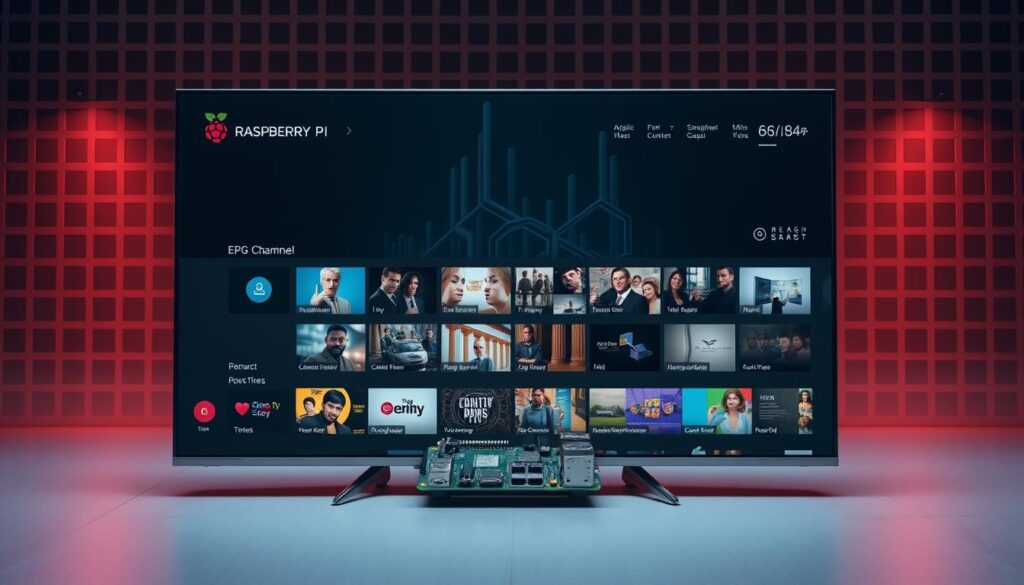 A technologically-advanced and sleek EPG (Electronic Program Guide) interface, customized for a Raspberry Pi device. The foreground showcases a modern and intuitive user interaction, with customizable channel tiles, icons, and a clean layout. The middle ground features an array of various content sources, representing the diverse media options available. In the background, a subtle grid pattern or abstract visualization adds depth and a sense of technological sophistication. The overall scene is illuminated by a warm, yet subtle lighting, creating a visually appealing and immersive experience for the Raspberry Pi user.