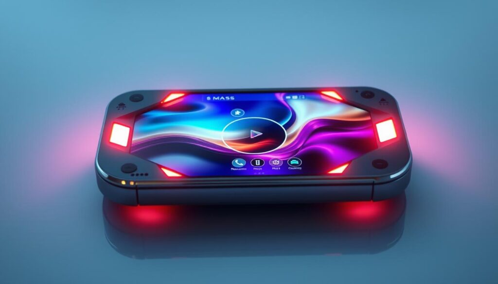 A technologically advanced android device, meticulously crafted with sleek, futuristic design. The device's display shimmers with a vibrant, high-resolution screen, showcasing the Dream Player interface. The android's casing is made of a durable, lightweight material, allowing for seamless portability. Subtle lighting accents around the edges emit a soft, ambient glow, creating an immersive and captivating visual experience. The device's camera and sensors are strategically placed, ensuring smooth and responsive interactivity. The android's user interface is intuitive and user-friendly, seamlessly integrating the Dream Player application. The overall atmosphere conveys a sense of cutting-edge technology, innovation, and the future of mobile entertainment.