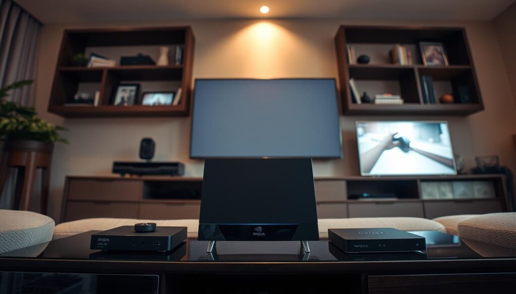 A technologically advanced living room, with an NVIDIA Shield TV prominently displayed on a modern entertainment center. The device is surrounded by sleek media accessories, including a high-quality IPTV streaming box. The room is bathed in warm, diffused lighting, creating a cozy and inviting atmosphere. The camera angle is slightly elevated, capturing the setup at an angle that highlights the sophisticated and well-integrated nature of the technology. The overall scene conveys a sense of seamless integration between cutting-edge hardware and the comfortable, lived-in environment of a contemporary home.